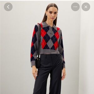 Sandro Andy Argyle Polo Sweater Cropped Red Navy Gray Women's size 0 XS
